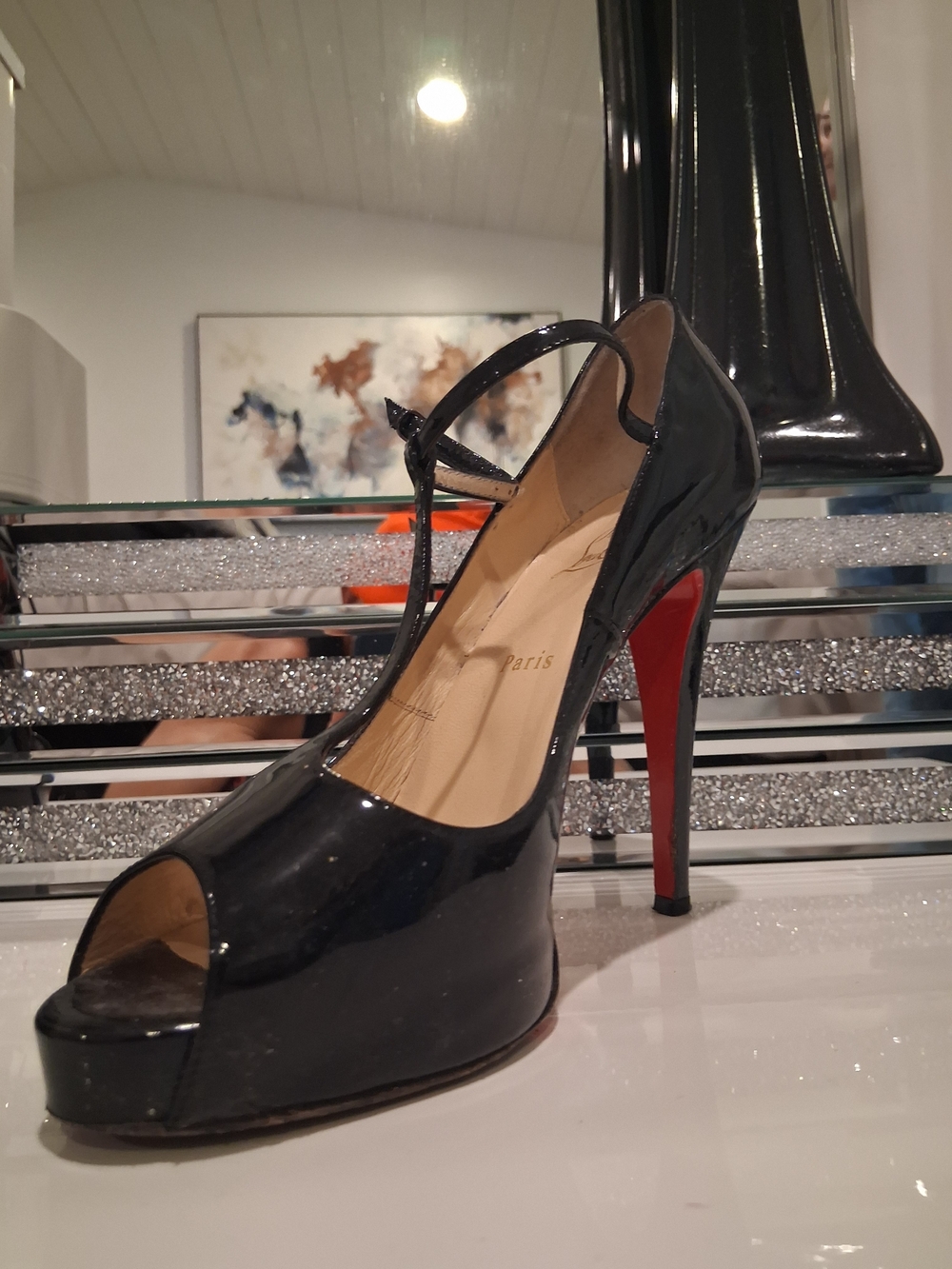 Christian Louboutin Black Patent Peep-Toe Stiletto with Red Sole